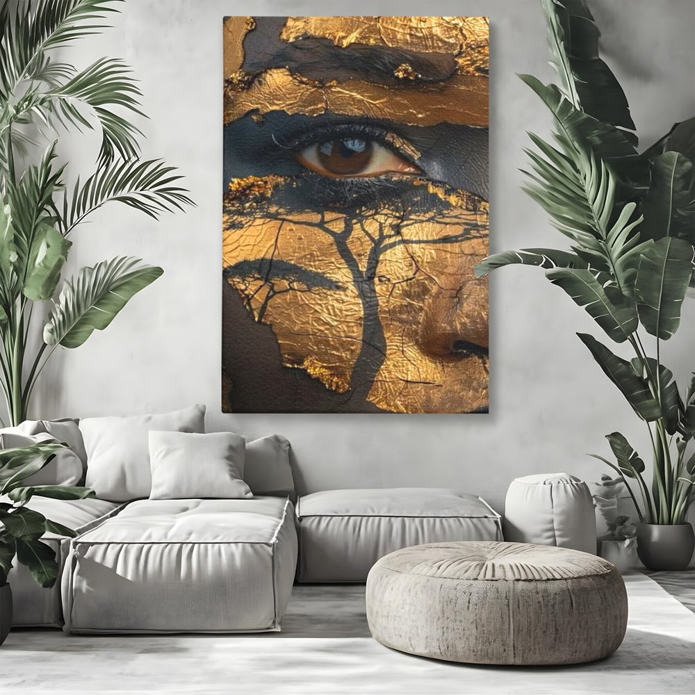 Tablou canvas cu tablou canvas cu ochi uman si arbore, fara rama, pe sasiu de lemn, pe perete intr-un living